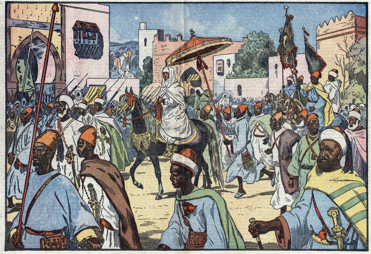 Nový marocký sultán Moulay Mohammed vstoupil do města Rabat. Ilustrace Damblans. V „“Le Pelerin“ ze 4. prosince od Eugene Damblans