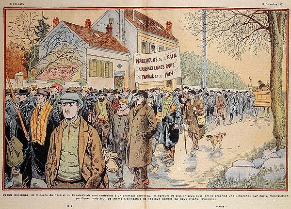 Nezaměstnaní horníci ze severní Francie a regionu Pas-de-Calais pochodují do Paříže, ilustrace z „Le Pelerin“ od Eugene Damblans