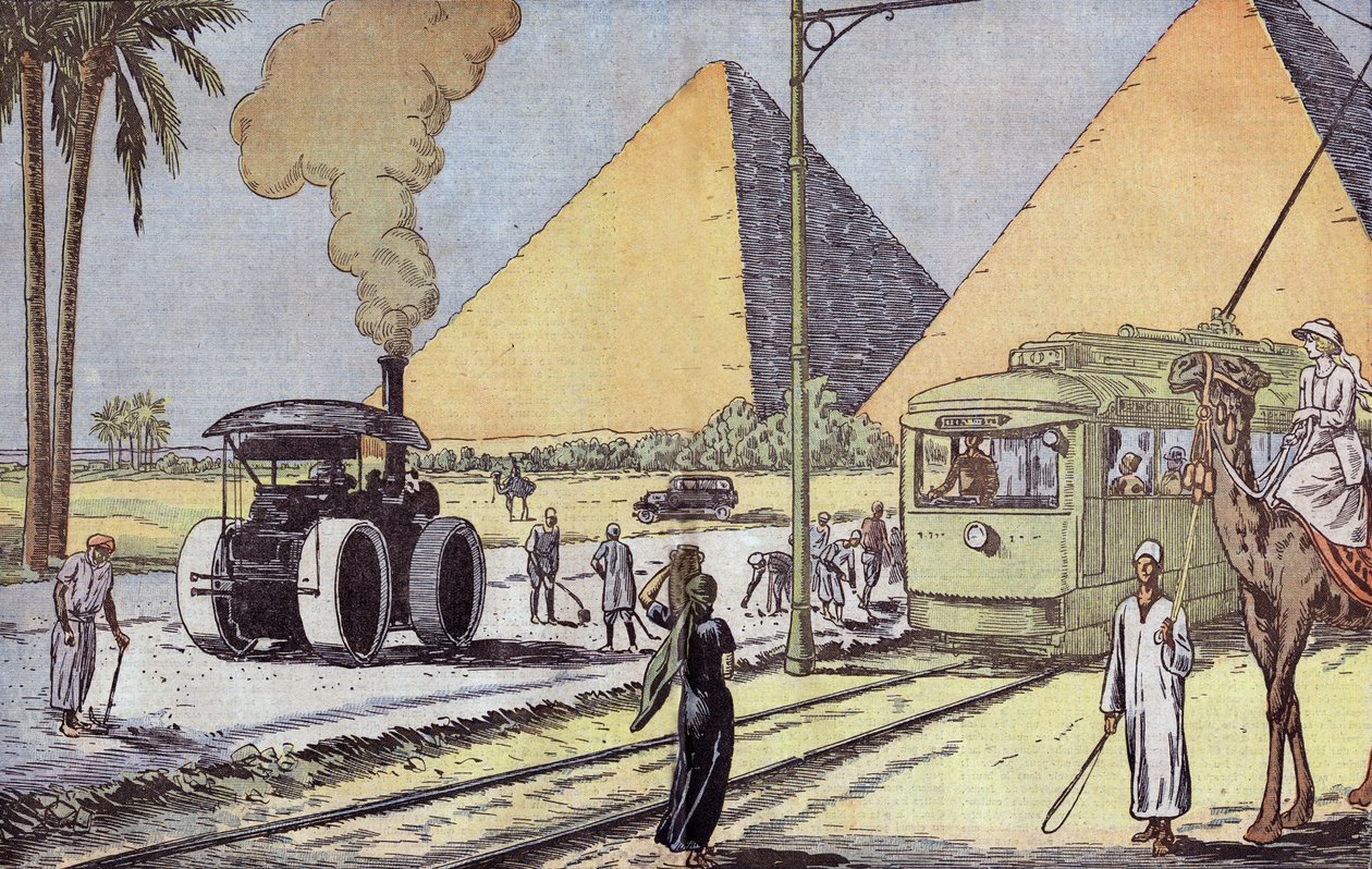 Pohled na pyramidy v Gíze v Egyptě, ilustrace Eugene Damblans z francouzského papíru "Le Pelerin" 1. ledna od Eugene Damblans