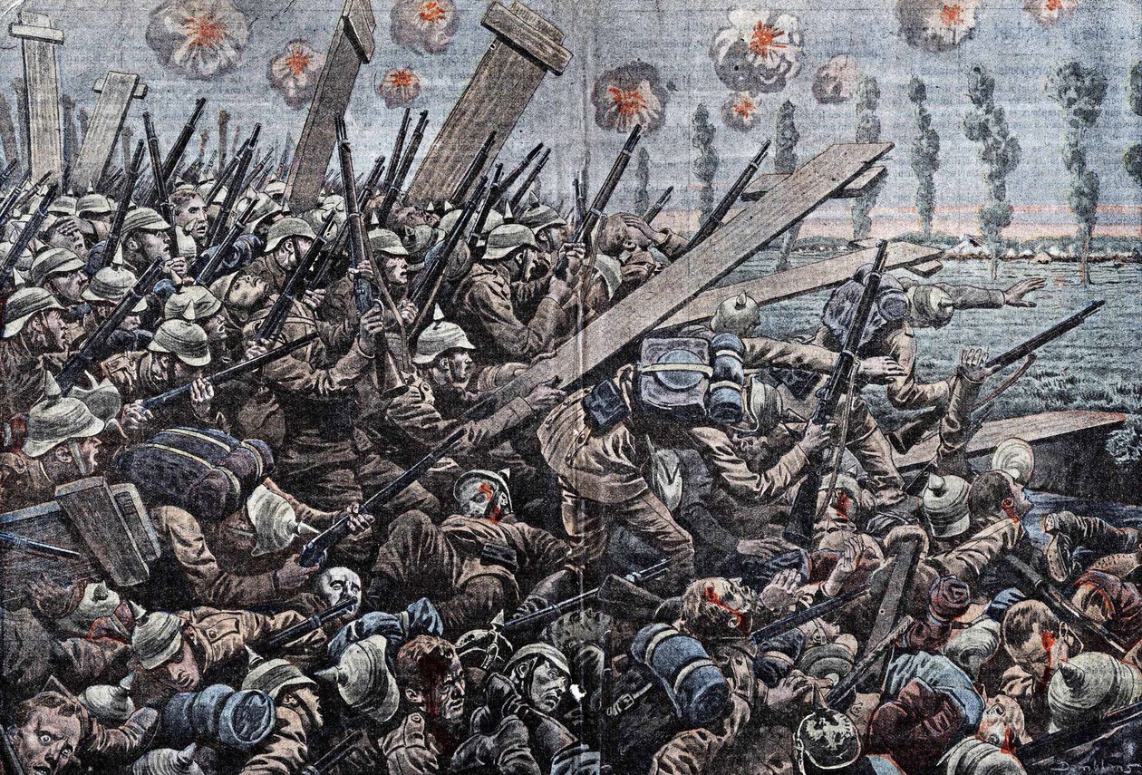 Válka 1914-1918. Fronta Belgie 1914. Němečtí vojáci na Yser. Kresba Damblans. od Eugene Damblans