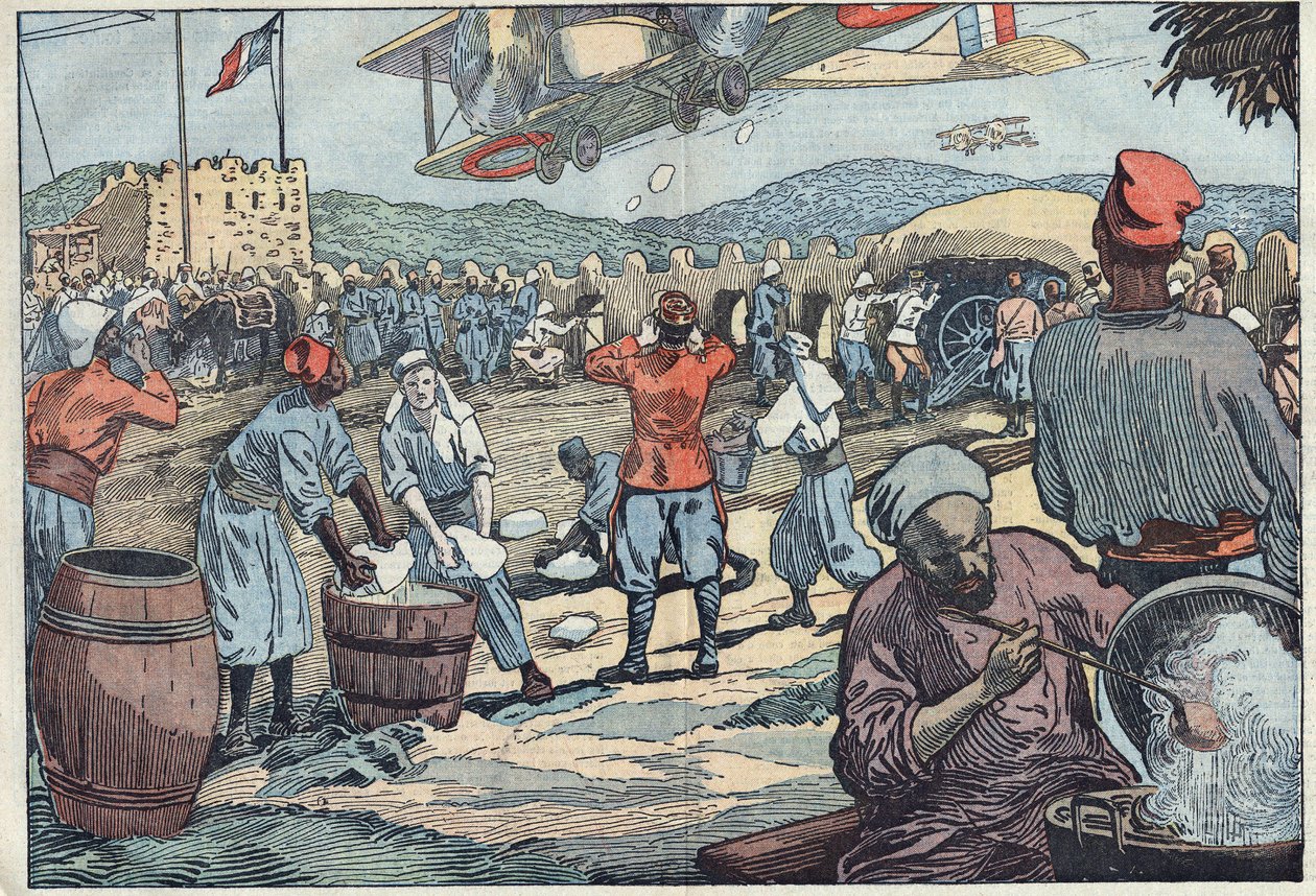 Válka v Maroku: Francouzská letadla dodávají led do obležení srubu disidentskými Maročany. Ilustrace Damblans. V „Le Pelerin“ z 24. května od Eugene Damblans