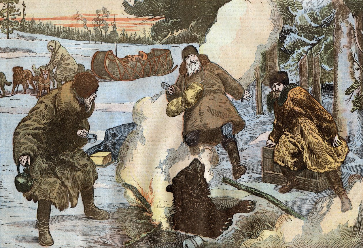 lähetyssaarnaajat valmistavat teetä, kun karhu ilmestyi yhtäkkiä jäästä, Damblansin kuvitus ranskalaisesta "Le Pelerin" -lehdestä 23. elokuuta od Eugene Damblans