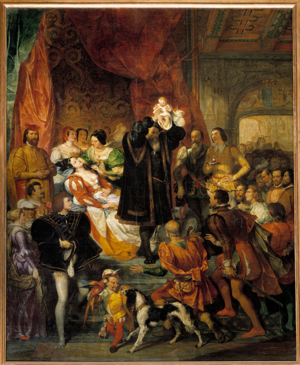Narození krále Jindřicha IV. dne 13.12.1553 na zámku v Pau Jeanne III., známá jako Jeanne d"Albret, porodí budoucího krále, ukazuje návštěvníkům jeho otce Antoina de Bourbon od Eugene Deveria