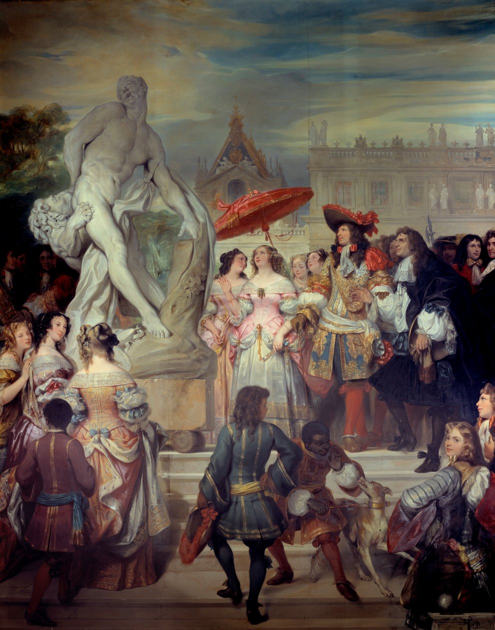 Pierre Puget (1620-1694) představuje svou sochu Milona z Crotone Ludvíku XIV. (1638-1715) v zahradách zámku ve Versailles. Obraz Eugene Deveria (1808-1865) od Eugene Deveria