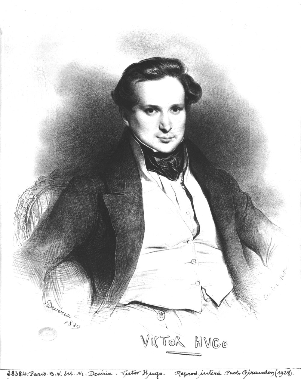 Portrét Victora Huga (1802-66), vyrytý Charles Etienne Pierre Motte (1785-1836) 1829 (litho) (černobílá fotografie) od Eugene Deveria