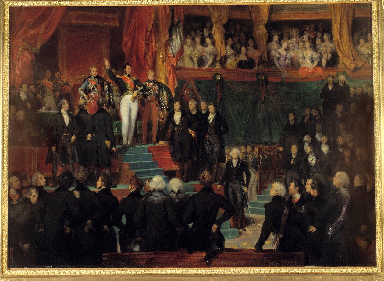 Revoluce z roku 1830: „“ Král Ludvík Filip I. (1773–1850) přísahal, že zachová Chartu z roku 1830 za přítomnosti komor znovu sjednocených v provizorní síni Palais Bourbon dne 9. od Eugene Deveria