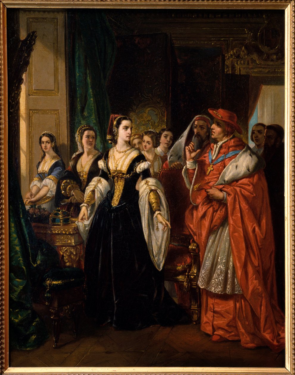 Rozvod Jindřicha VIII.: Kardinál Thomas Wolsey (1475-1530) a Kateřina Aragonská (1485-1536) v roce 1533 – scéna hry „Slavná historie života krále Jindřicha Osmého“ od Williama Shakespeara – obraz Eugene Deveria (1808–1865) od Eugene Deveria