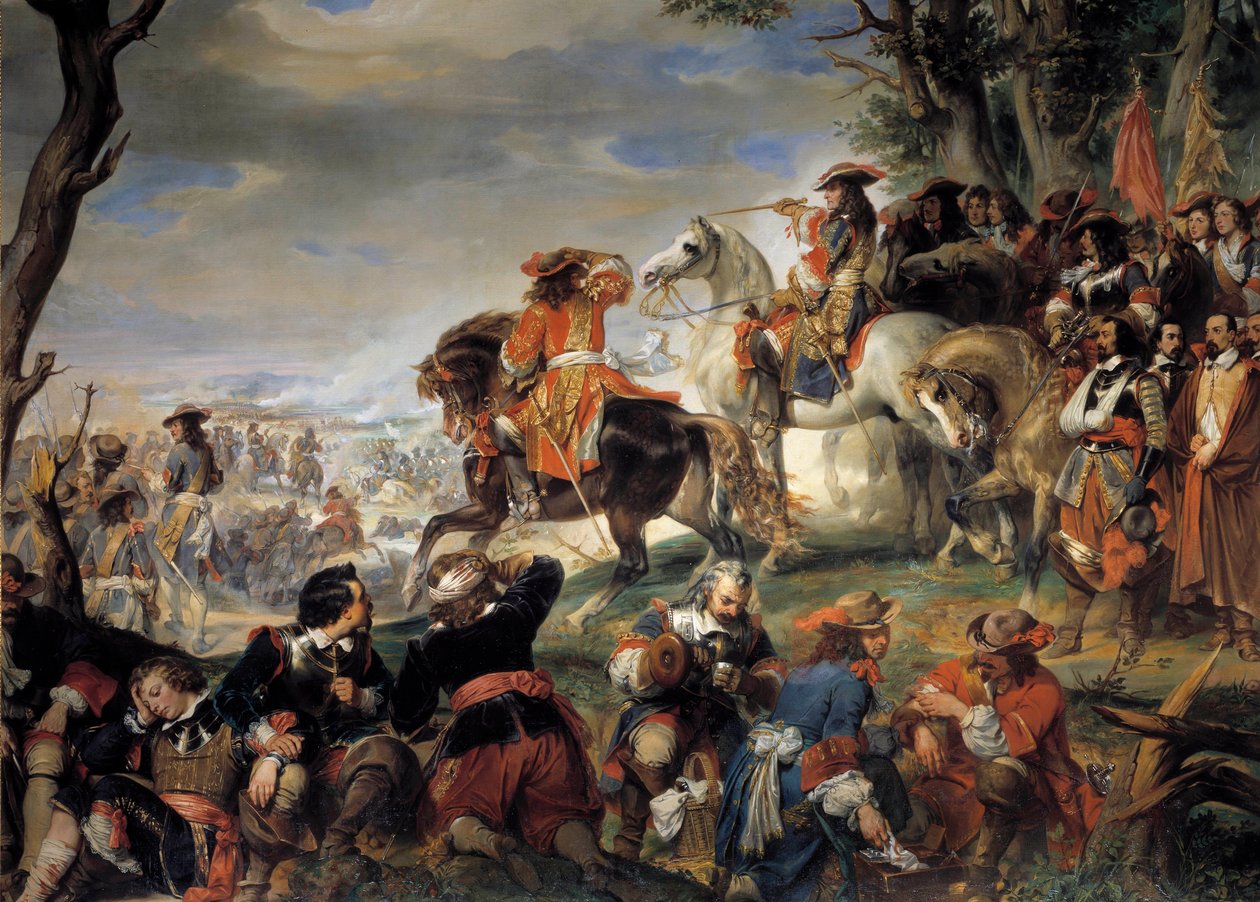 Válka Ligy Augsburgu (1689-1697): „“ Bitva u Marsaille vyhrál marechal Nicolas Catinat de La Fauconerie (1637-1712), 4.10.1693 (vítězství nad piemontskými vojsky Victora-Amedee Savojského pomáhá princi Eugenovi)““ Malba Eugena Devera od Eugene Deveria