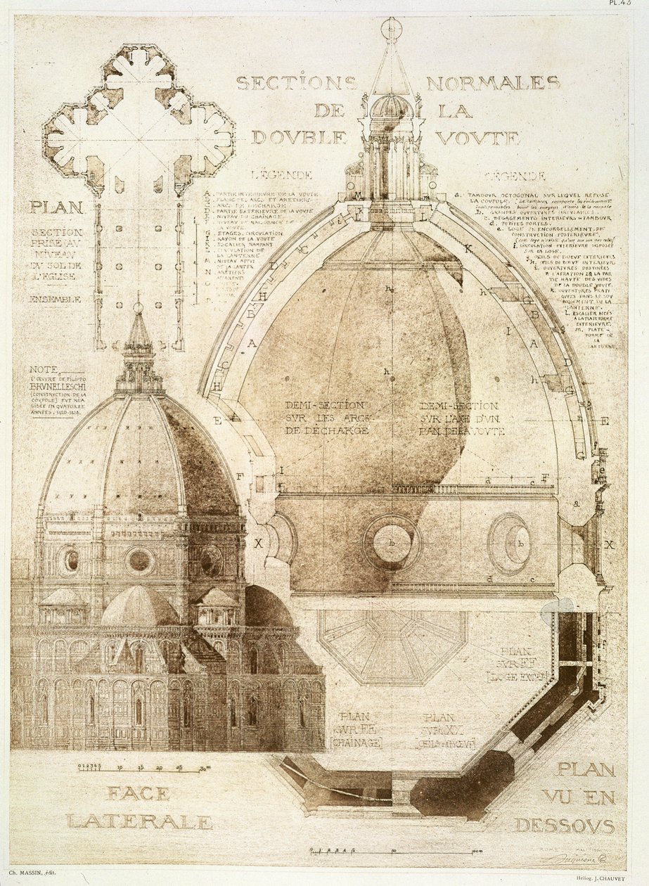 Plán, řez a pohled na florentskou katedrálu, z „Fragments d