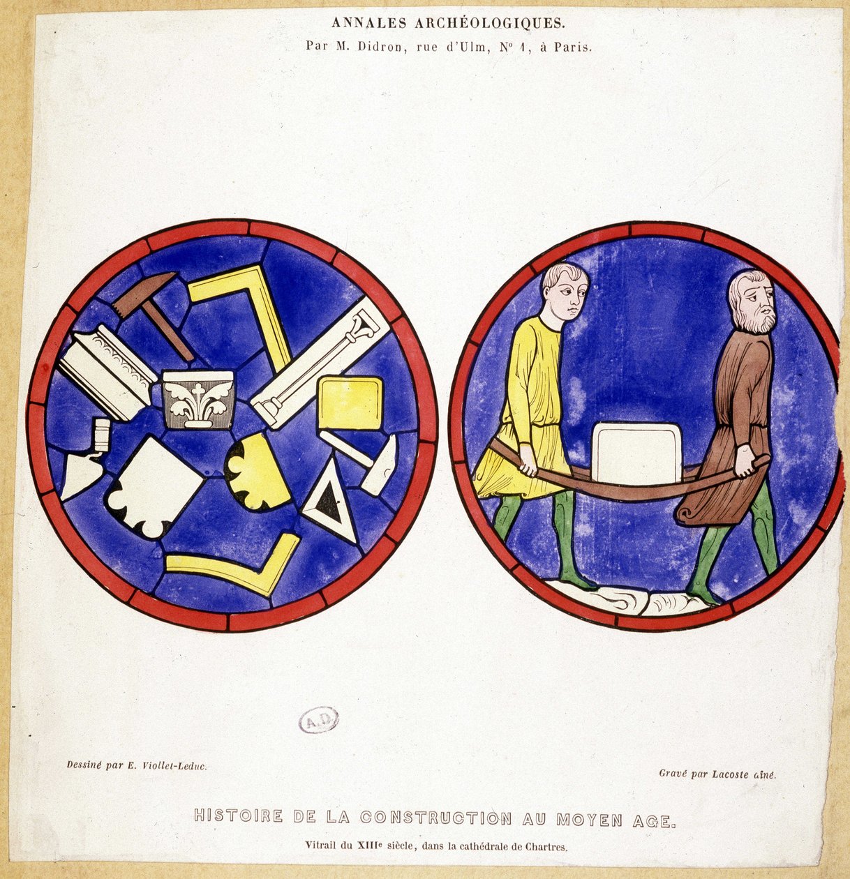 Historie stavebnictví ve středověku: Fac imitace vitráží ze 13. století v Cathedrale de Chartres - Kresba Eugena Viollet-le-Duc (Viollet le Duc) (1814-1879) s několika makonickými symboly. od Eugene Emmanuel (after) Viollet le Duc