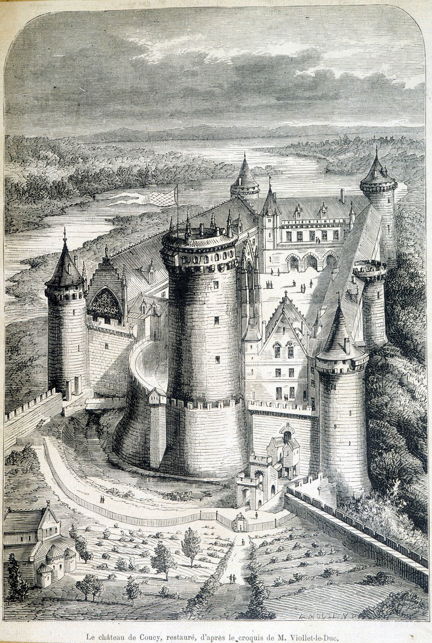 Le chateau de Coucy, restaurováno - rytina ze skici// Eugena Viollet-le-Duca (Viollet le Duc) (1814-1879) - „“Le Monde illustrious””” z 8.5.1858. od Eugene Emmanuel (after) Viollet le Duc