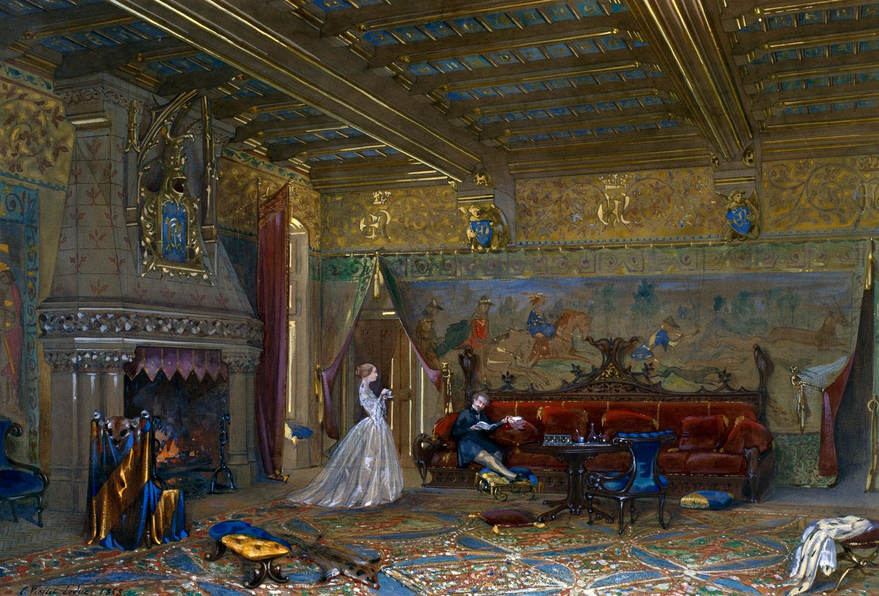Návrh sálu v gotickém stylu pro Chateau de Pierrefonds s císařem a císařovnou od Eugene Emmanuel Viollet le Duc