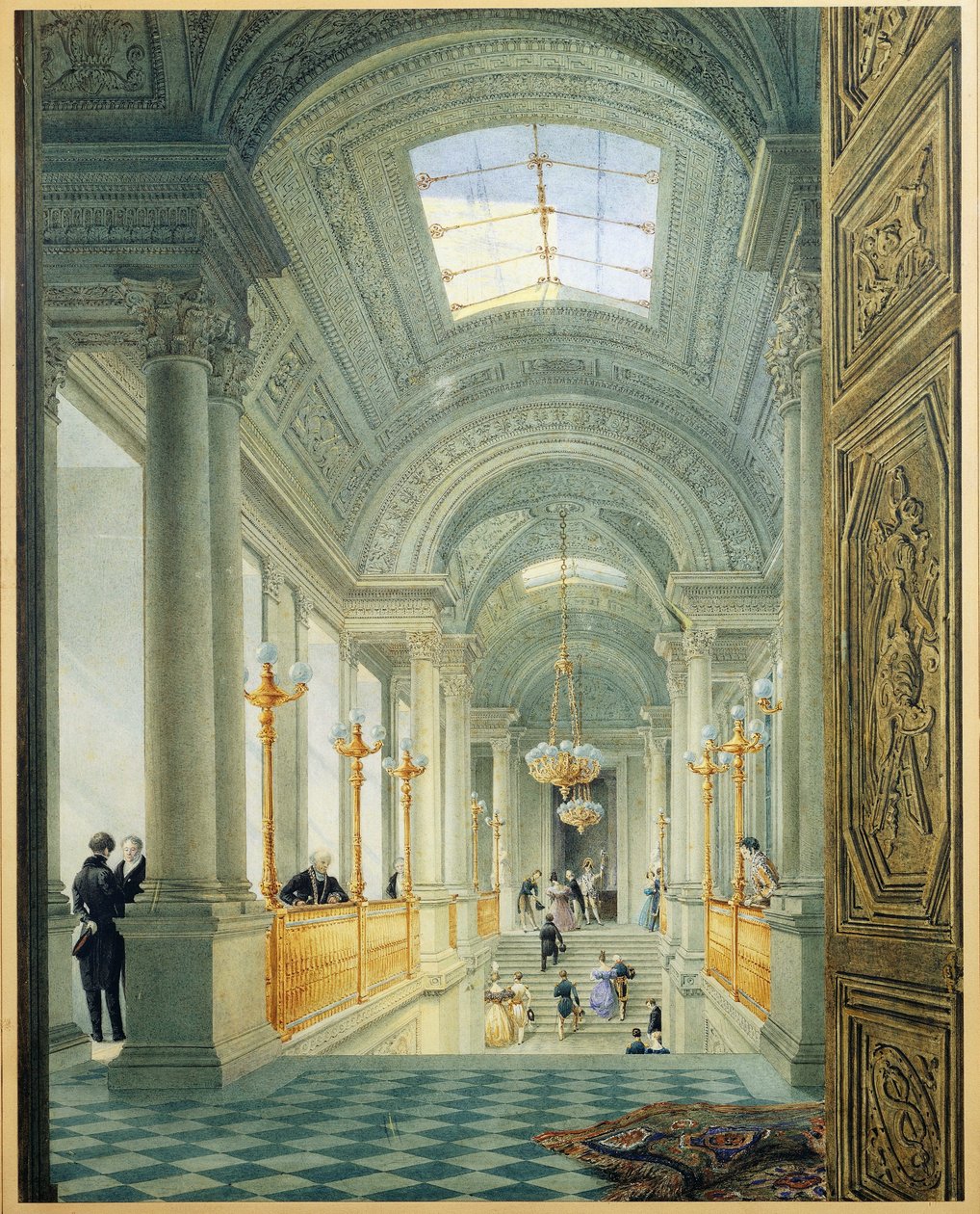 Paříž. Velké schodiště v paláci Tuileries, Eugene Viollet Le Duc, cca 1840, akvarel od Eugene Emmanuel Viollet le Duc