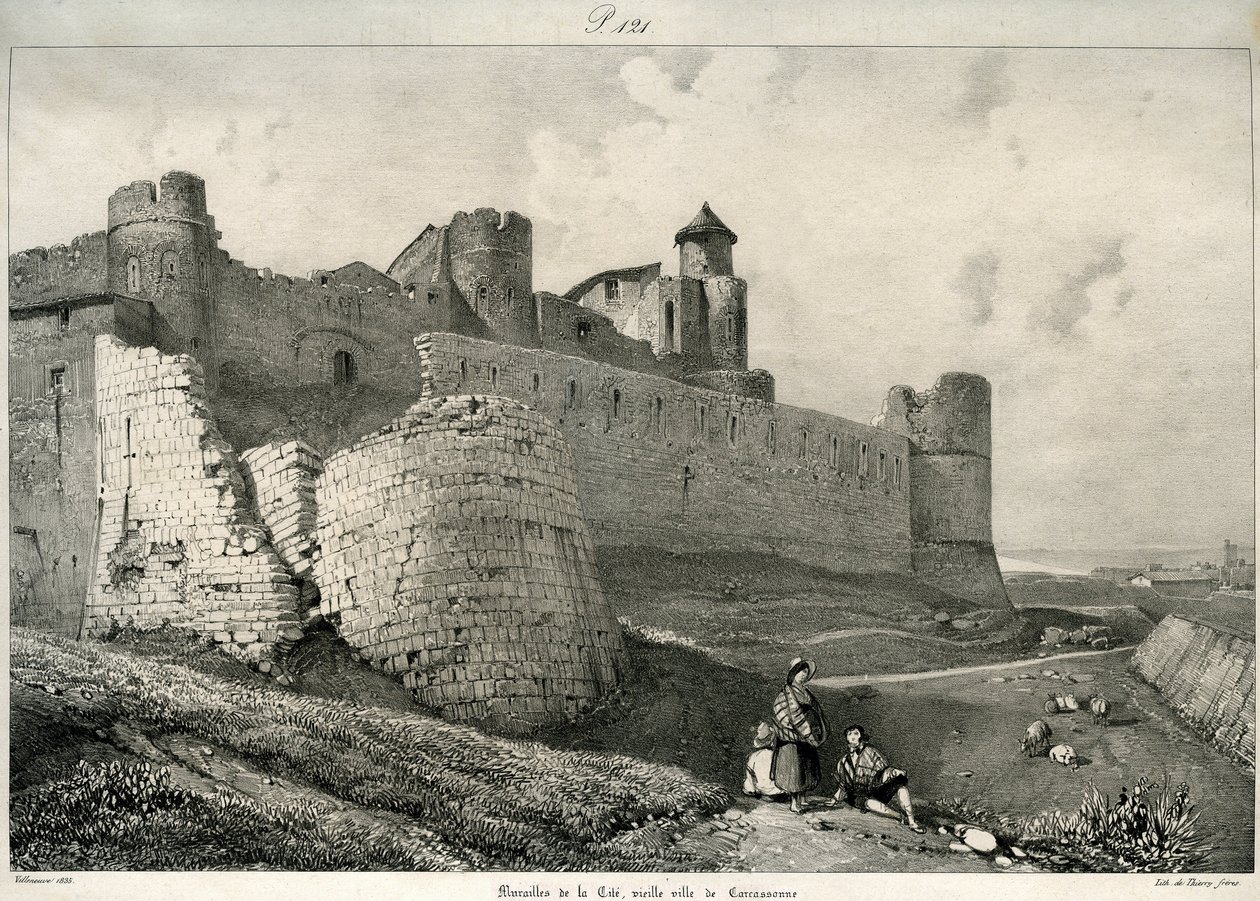Carcassonne, kaupunginmuuri, pahasti vaurioitunut od Eugene Emmanuel Viollet le Duc