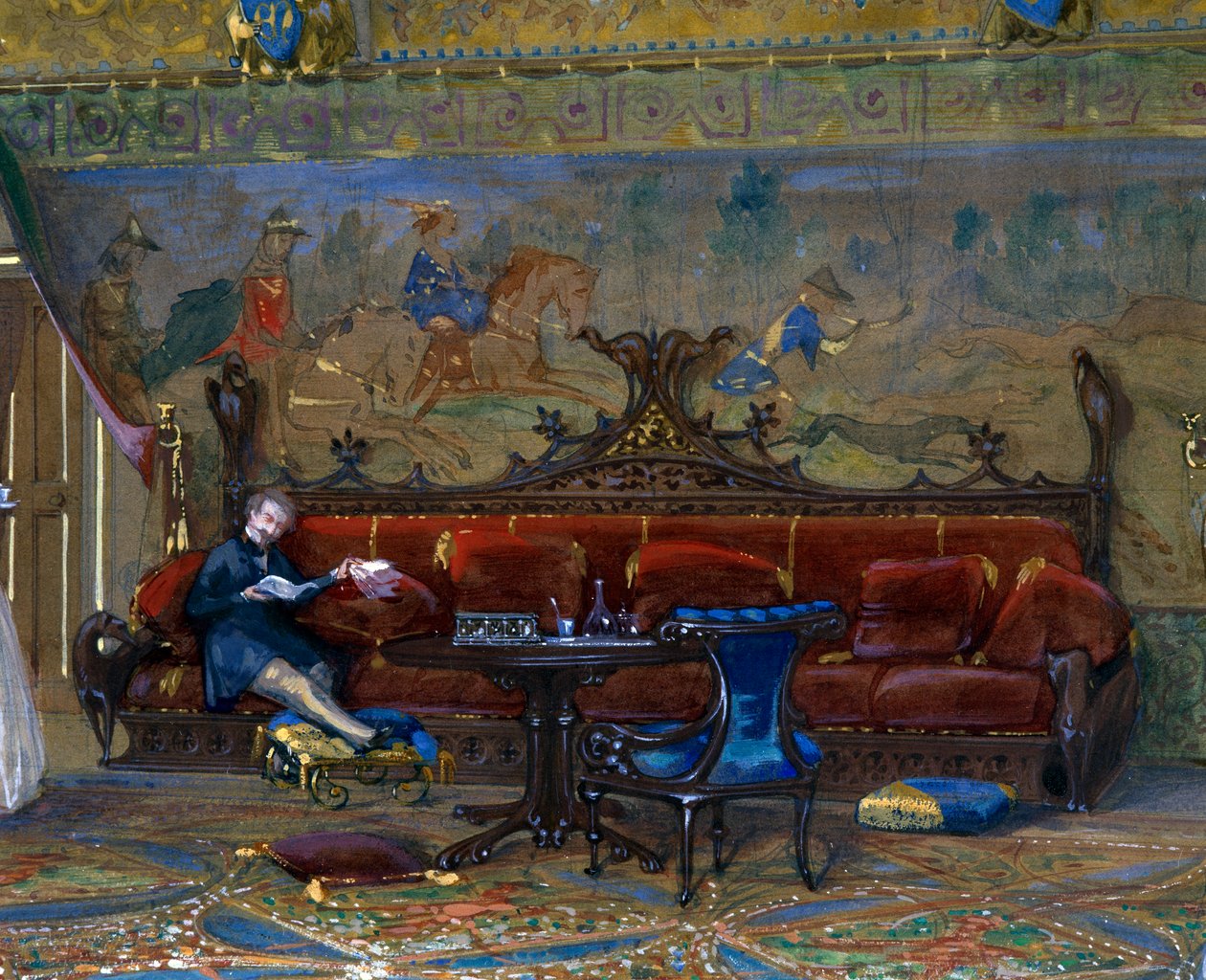 Návrh sálu v gotickém stylu pro Chateau de Pierrefonds s císařem a císařovnou od Eugene Emmanuel Viollet le Duc