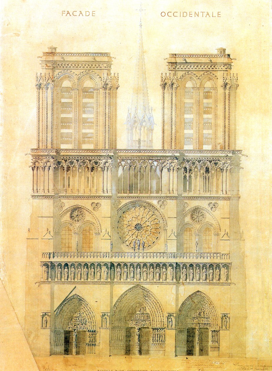 Projekt restaurování západní fasády katedrály Notre Dame v Paříži s rekonstrukcí věže na křižovatce, 1843 od Eugene Emmanuel Viollet le Duc