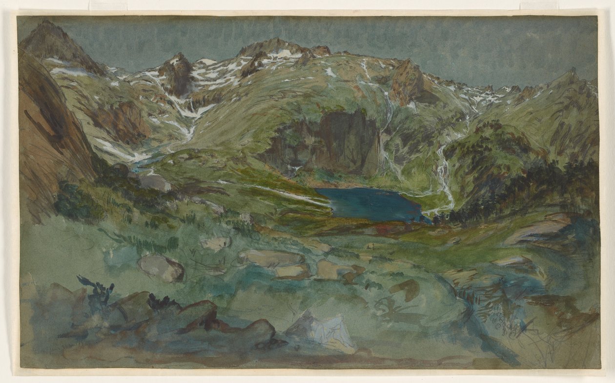 Pohled na jezero Lac d’Espingo a Cirque d’Espingo v Pyrenejích od Eugene Emmanuel Viollet le Duc