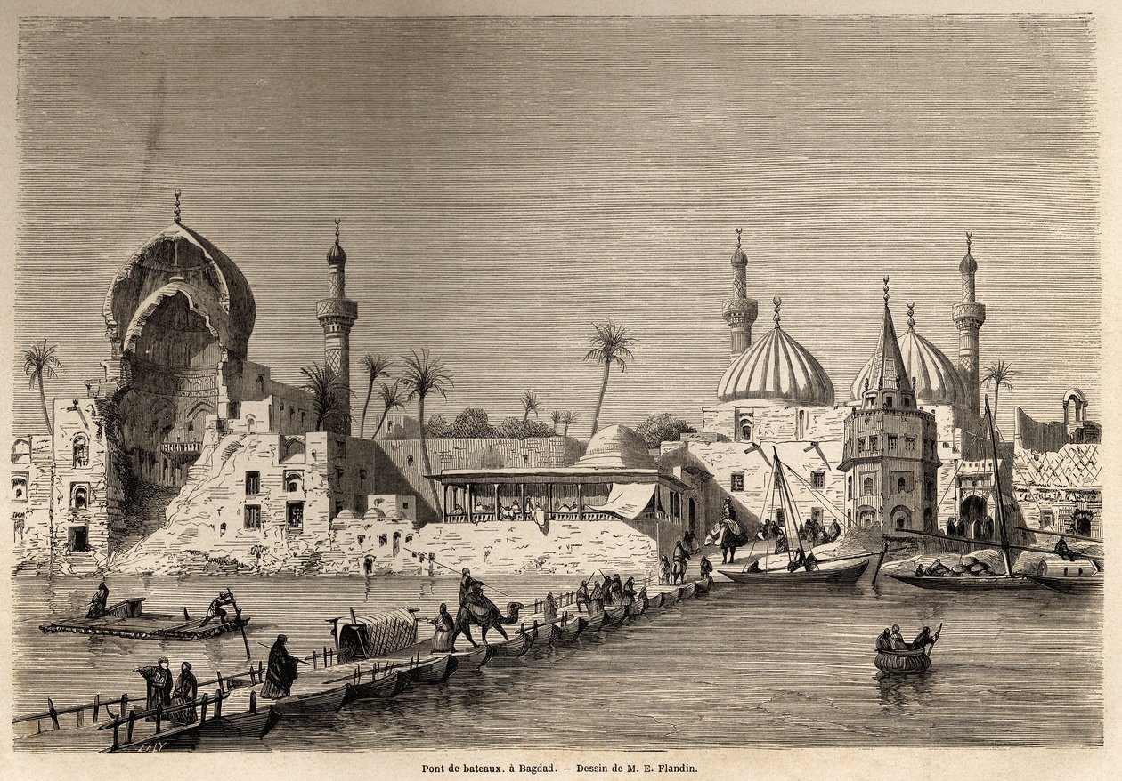 Lodní most v Bagdádu, kresba Eugena Flandina (1809-1876), ilustrující jeho cestu do Mezopotámie v letech 1840-1842. Rytina v “”Le tour du monde”” 1861. Selva sbírka. od Eugene Flandin