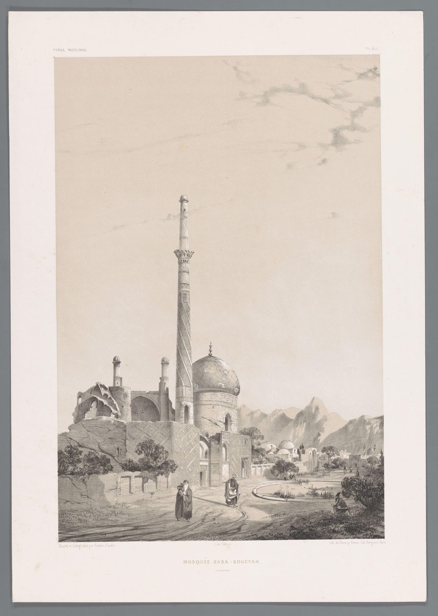 Mešita Baba Sukhte s minaretem Bagh-e-Ghoushkhane v Isfahánu Mešita Baba-Souctah Ispahan (název na objektu) Perské krajiny (název série) Perse modern (název série) od Eugene Flandin