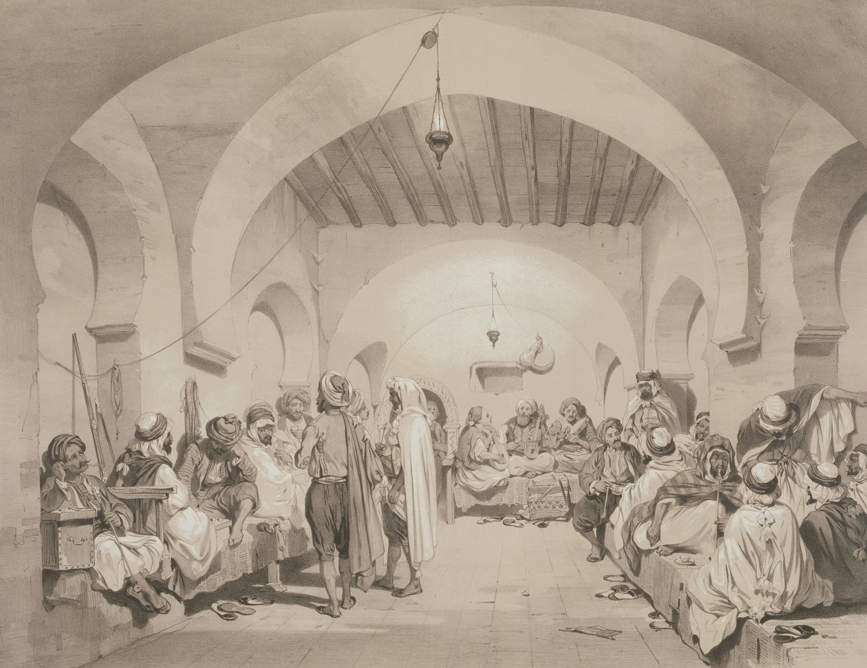Cafe du Divan, Alžír, ze svazku připomínajícího francouzské expediční síly, které dobyly Alžír v roce 1830, vyryl Adolphe Jean-Baptiste Bayot (1810-66) od Eugene Flandin
