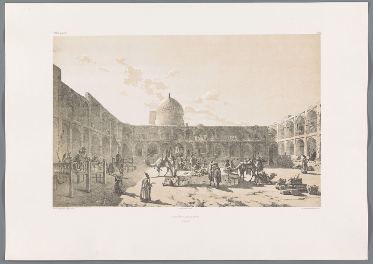 Karavanserai-i-Shah v Qazvin Caravân-Serail-I-Châh (Casbin) (název na objektu) Perské krajiny (název série) Perse modern (název série) od Eugene Flandin
