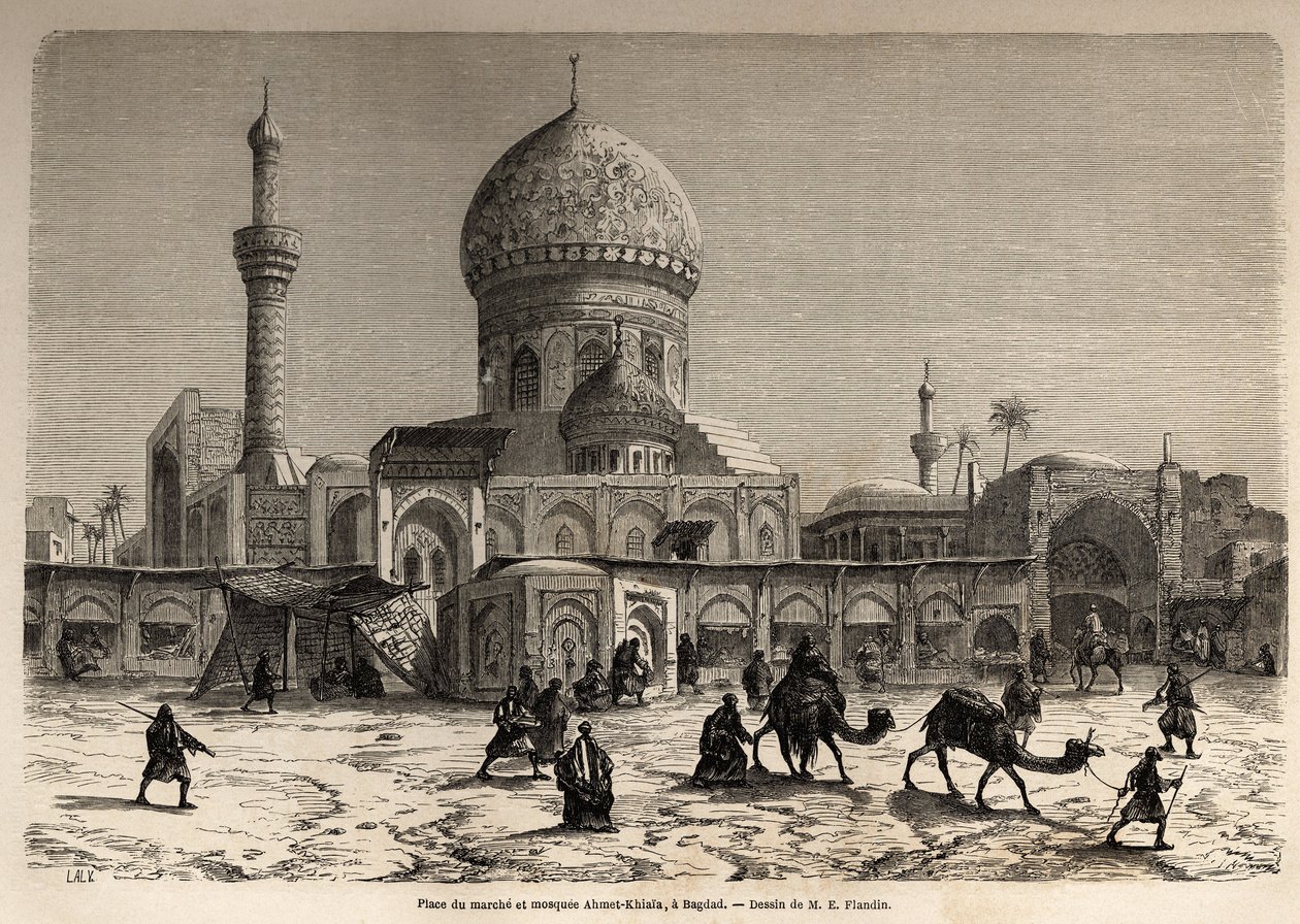 Náměstí Marche a mešita Ahmet Khiaia v Bagdádu, kresba Eugena Flandina (1809-1876), ilustrující jeho cestu do Mezopotámie v letech 1840-1842. Rytina v “”Le tour du monde”” 1861. Selva sbírka. od Eugene Flandin