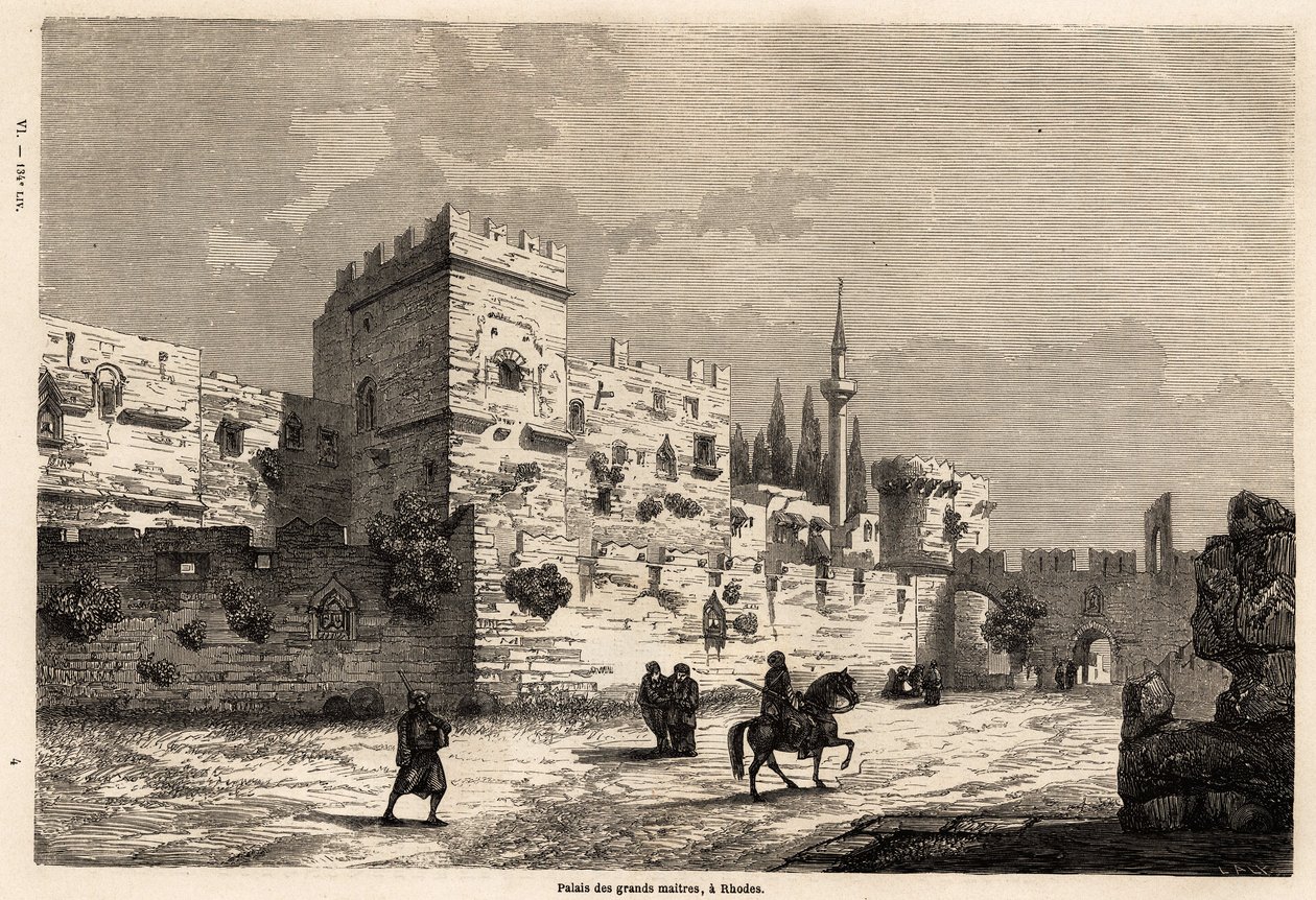 Palác velkých mistrů na Rhodosu, kresba Eugena Flandina, k ilustraci jeho cesty na ostrov Rhodos v roce 1844. Rytina „“ Le tour du monde“, editoval Edouard Charton od Eugene Flandin