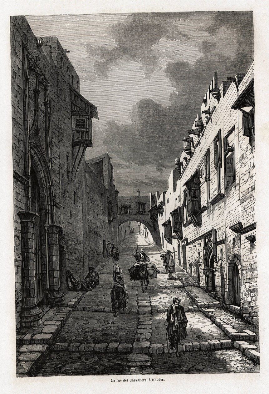 Rue des chevaliers na Rhodosu, kresba Eugena Flandina, pro ilustraci jeho cesty na ostrov Rhodos v roce 1844. Rytina v „“Le tour du monde“, editoval Edouard Charton od Eugene Flandin