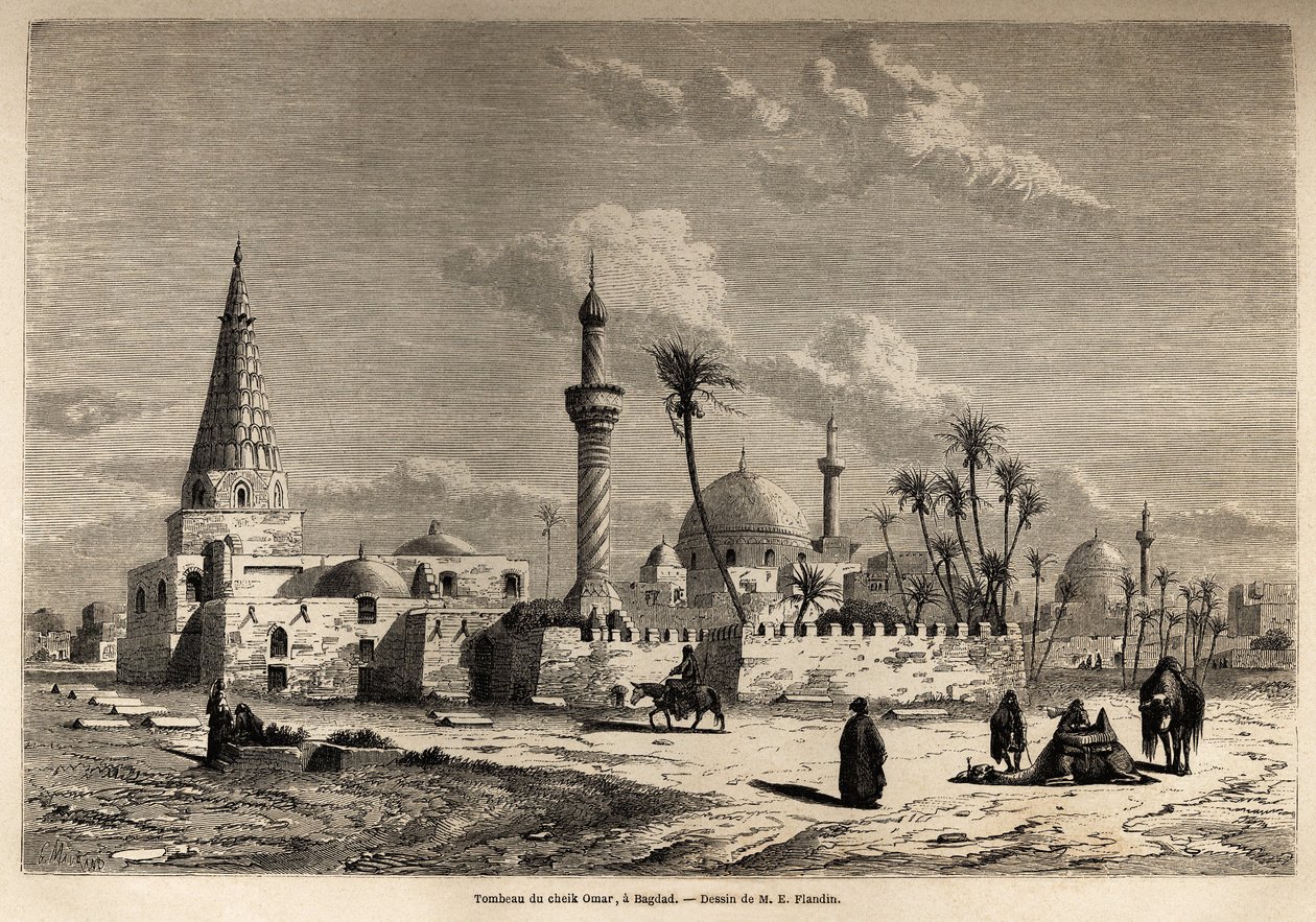 Hrob šejka Omara v Bagdádu, kresba Eugena Flandina (1809-1876), ilustrující jeho cestu do Mezopotámie v letech 1840-1842. Rytina v “”Le tour du monde”” 1861. Selva sbírka. od Eugene Flandin