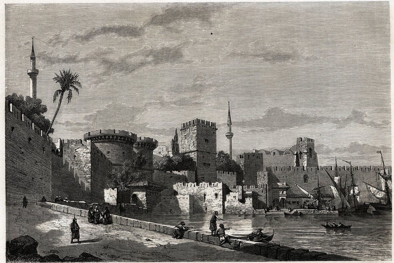 Pohled na přístav Rhodos a bránu Aubusson, kresba Eugena Flandina, k ilustraci jeho cesty na ostrov Rhodos v roce 1844. Rytina „“Le tour du monde“, editoval Edouard Charton od Eugene Flandin
