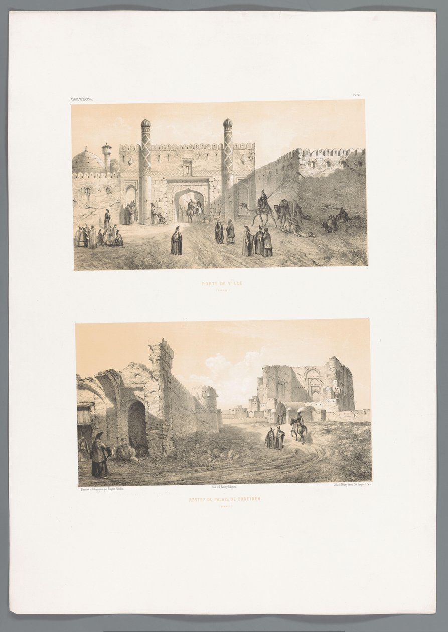Dvě tváře na Tabrízu Porte de ville (Tabriz) (název na objektu) Restes du palais de Zobeids (Tabriz) (název na objektu) Perské krajiny (název série) Perse modern (název série) od Eugene Flandin