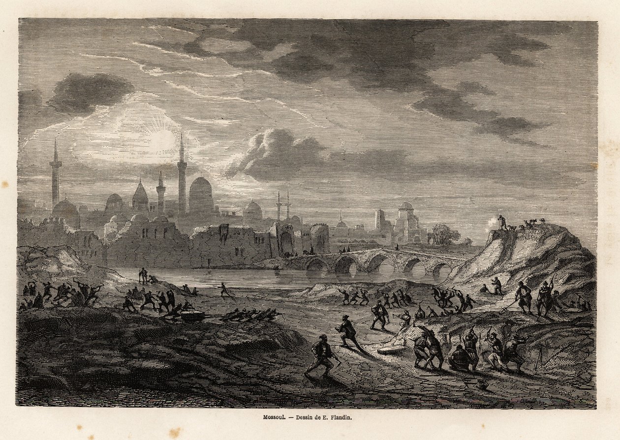 Pohled na Mosul (Irák), na břehu řeky Tiger, kresba Eugena Flandina, pro ilustraci expedice Vivian de Saint Martin do Ninive v letech 1844 až 1860. Rytina v „“ Le tour du monde““, editoval Edouard Charton od Eugene Flandin