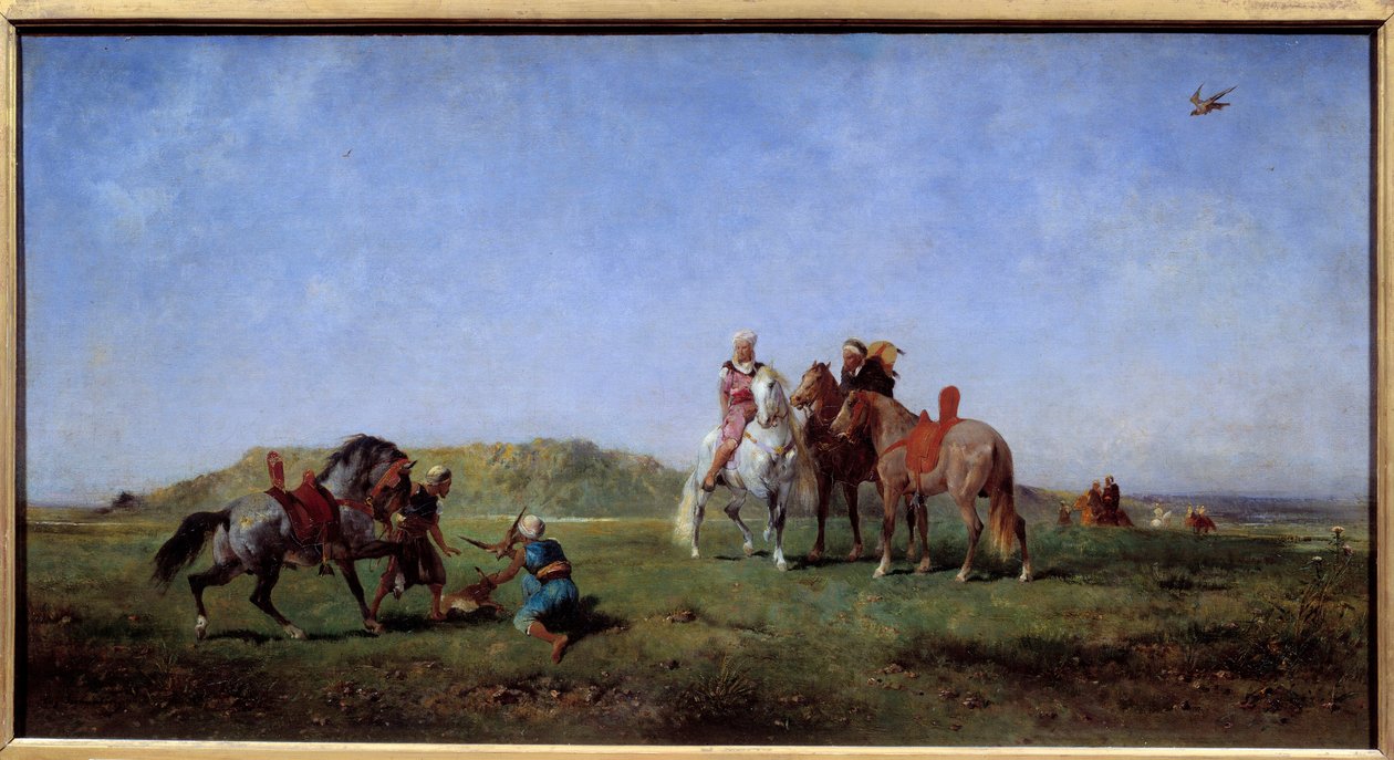 Lov sokola v Alžírsku Malba Eugena Fromentina (1820-1876) 19. století Slunce. 0,45x0,85m od Eugène Fromentin