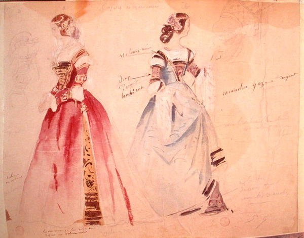 Dva návrhy ženských kostýmů v době vzniku "Les Caprices de Marianne" od Alfreda de Musset (1810-1857) (akvarel na papíře) od Eugene Giraud