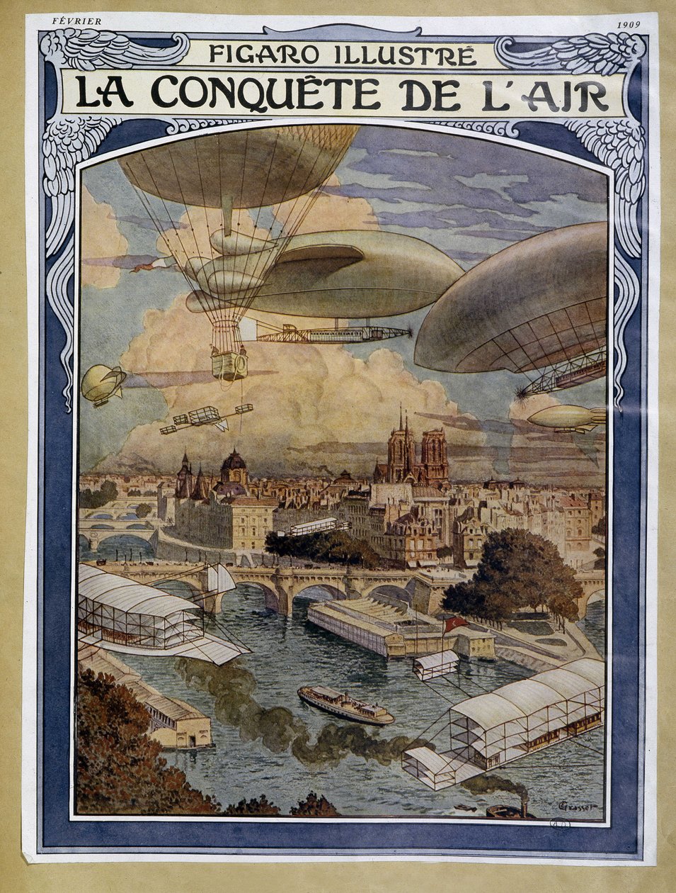 Air conquete: vzducholoď, balon a horkovzdušný balon nad Paříží – obálka „“ Figaro Illustré““ z února 1909 od Eugene Grasset