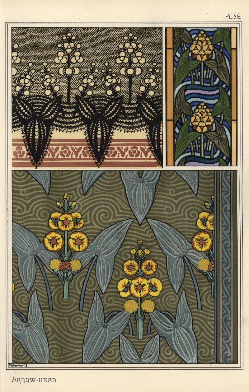 Hrot šípu, Sagittaria sagittifolia, jako designový motiv ve výšivkách, vitrážích a vzorech látek od Eugene Grasset