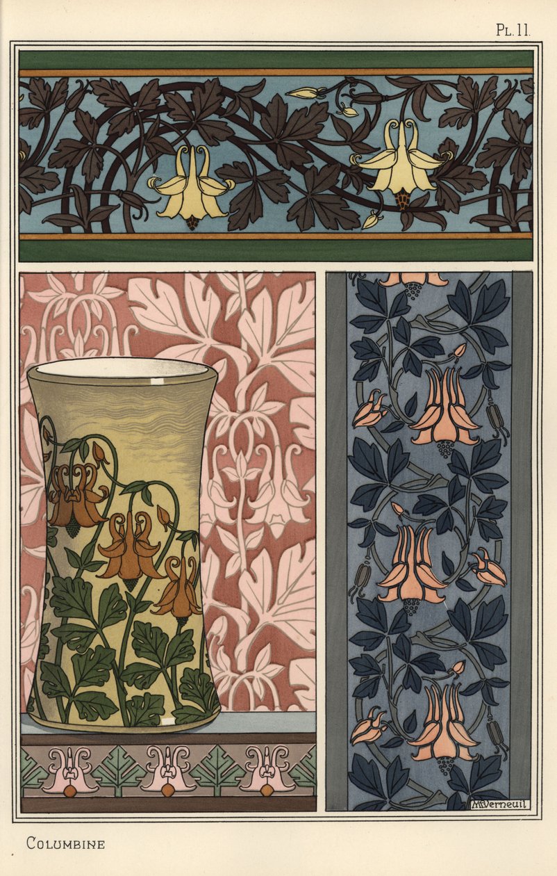 Columbine květina, Aquilegia vulgaris, ve vzorech pro tapety, látky a vázy od Eugene Grasset