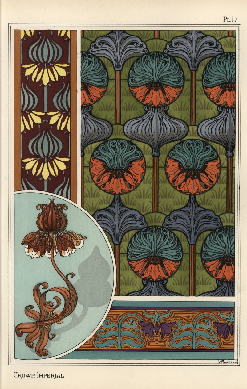 Císařská koruna, Fritillaria imperialis, ve vzorech tapet a látek a jako design pro lampu z tepaného železa od Eugene Grasset