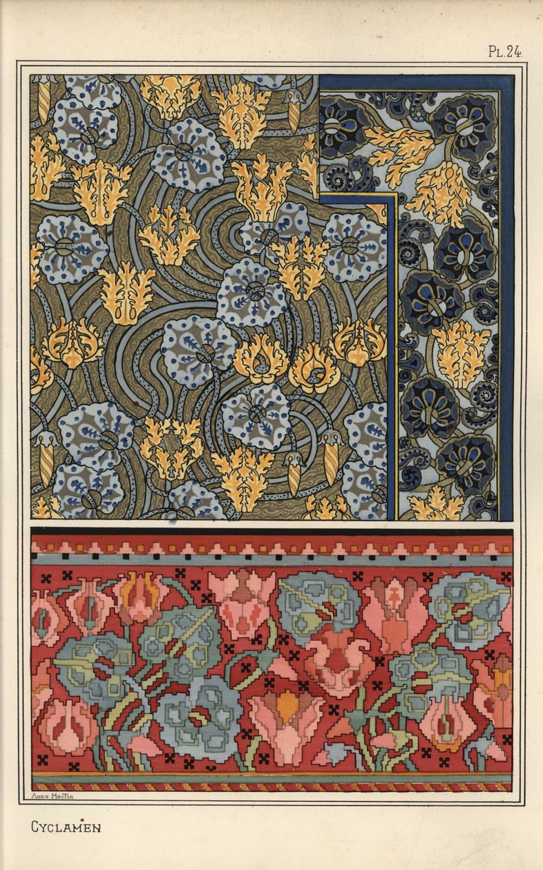 Rostlina Cyclamen persicum jako motiv v návrzích na tapisérie, látky a tapety. Litografie Anny Martinové od Eugene Grasset