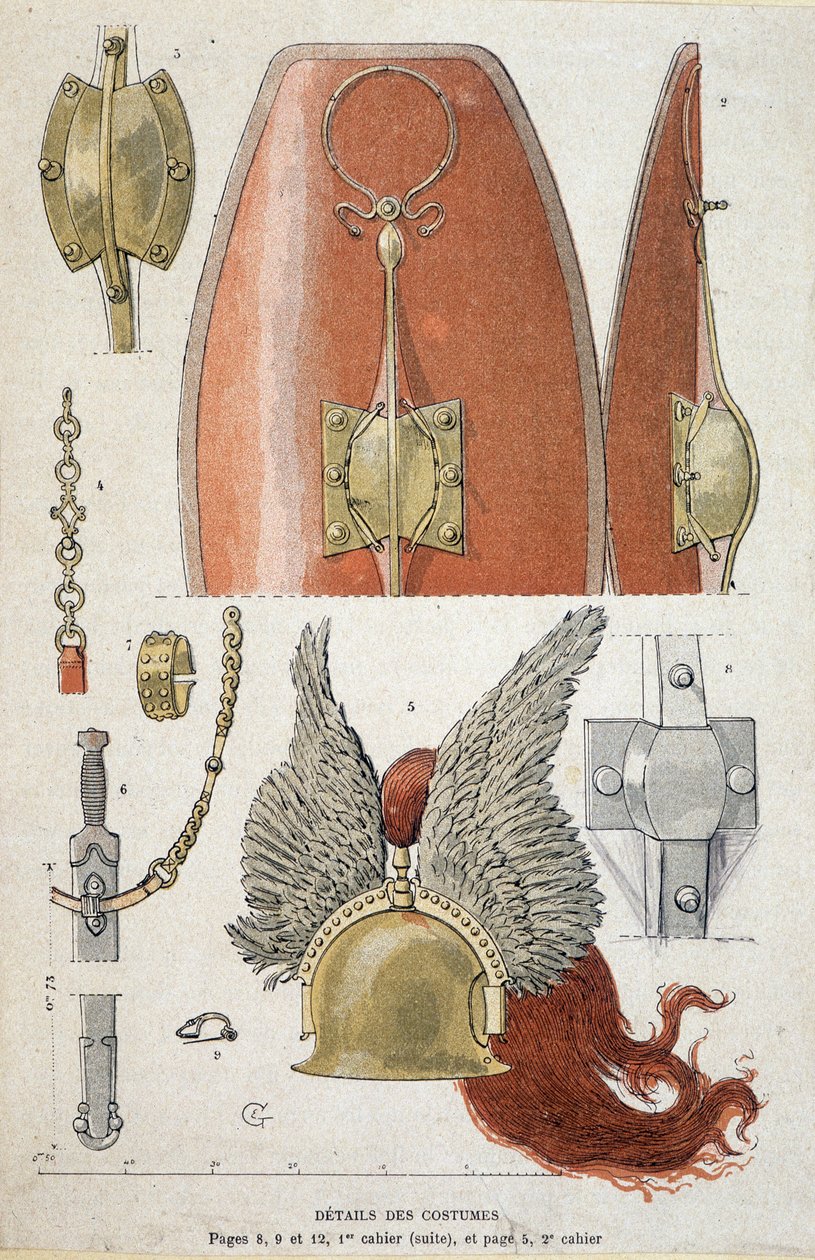 Podrobnosti o kostýmu galského válečníka - v „“ Illustrous Teaching Cahiers, War Costumes of Bronze Age and the Gaulish Age””, ed. Grasset od Eugene Grasset