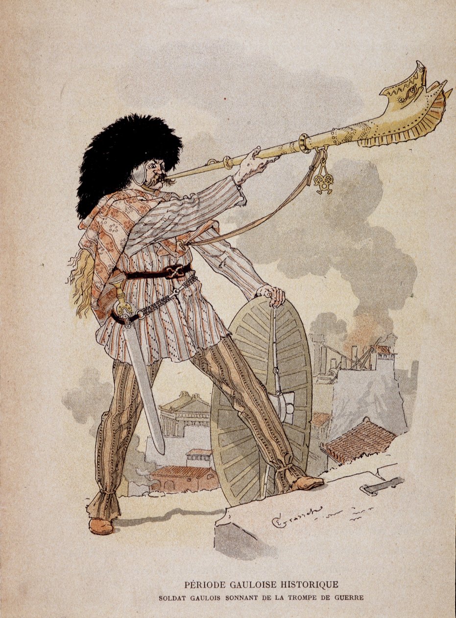Galský voják znějící z válečného rohu (carnyx) - v „“Ilustrativních učitelských cahierech, válečných kostýmech doby bronzové a galské doby“, ed. Grasset od Eugene Grasset
