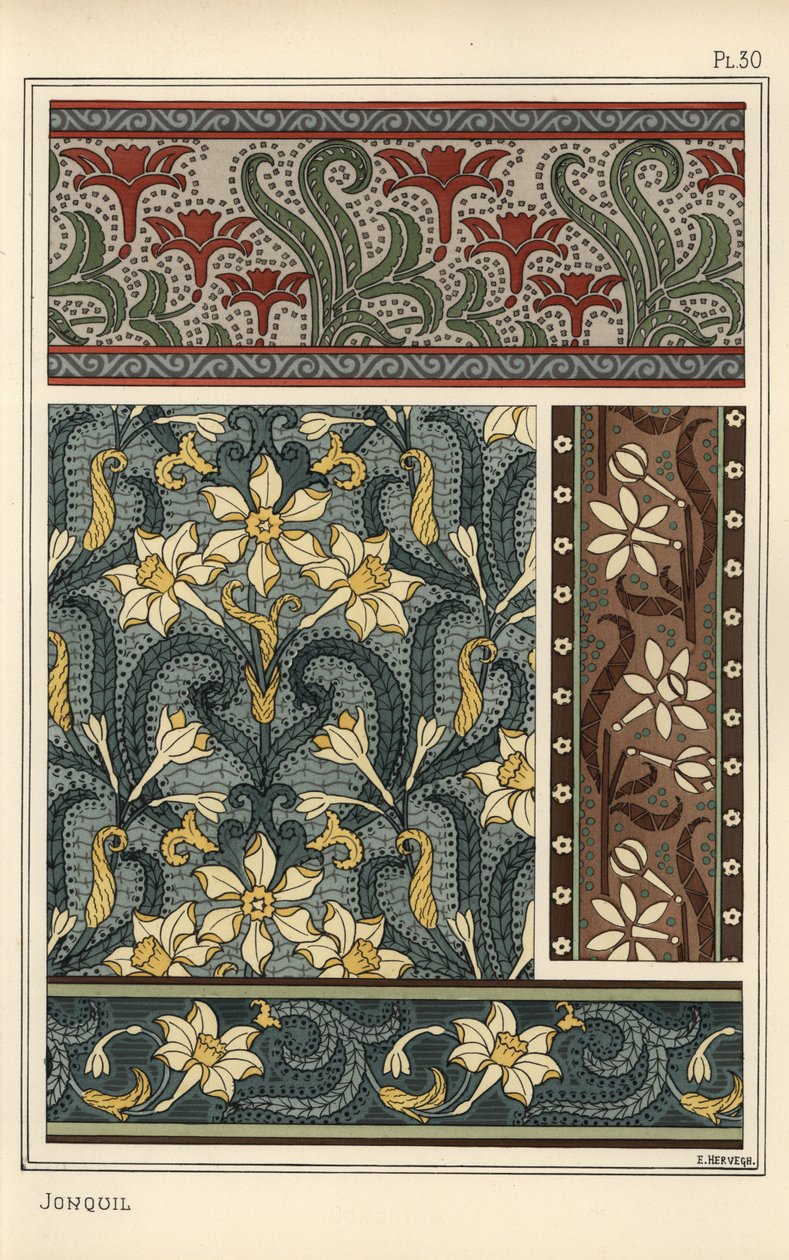 Jonquil, Narcissus jonquilla, jako designový motiv v tapetách a vzorech látek od Eugene Grasset