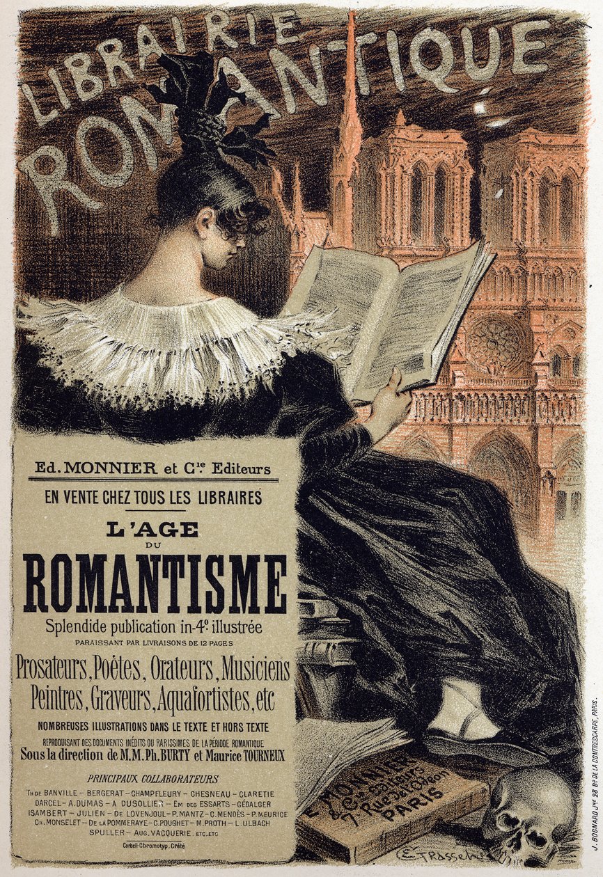 Literatura. Librairie romantique (Romantické knihkupectví.) Plakát Eugena Grasseta pro editora Monniera, Francie, kolem roku 1890 Sb. Část. (plakát) od Eugene Grasset