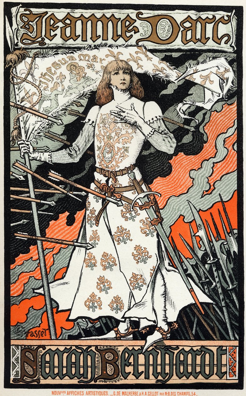 Literatura. Divadlo. Johanka z Arku, hra Charlese Peguye. Plakát Eugene Grasset představující Sarah Bernhardt, Francie od Eugene Grasset