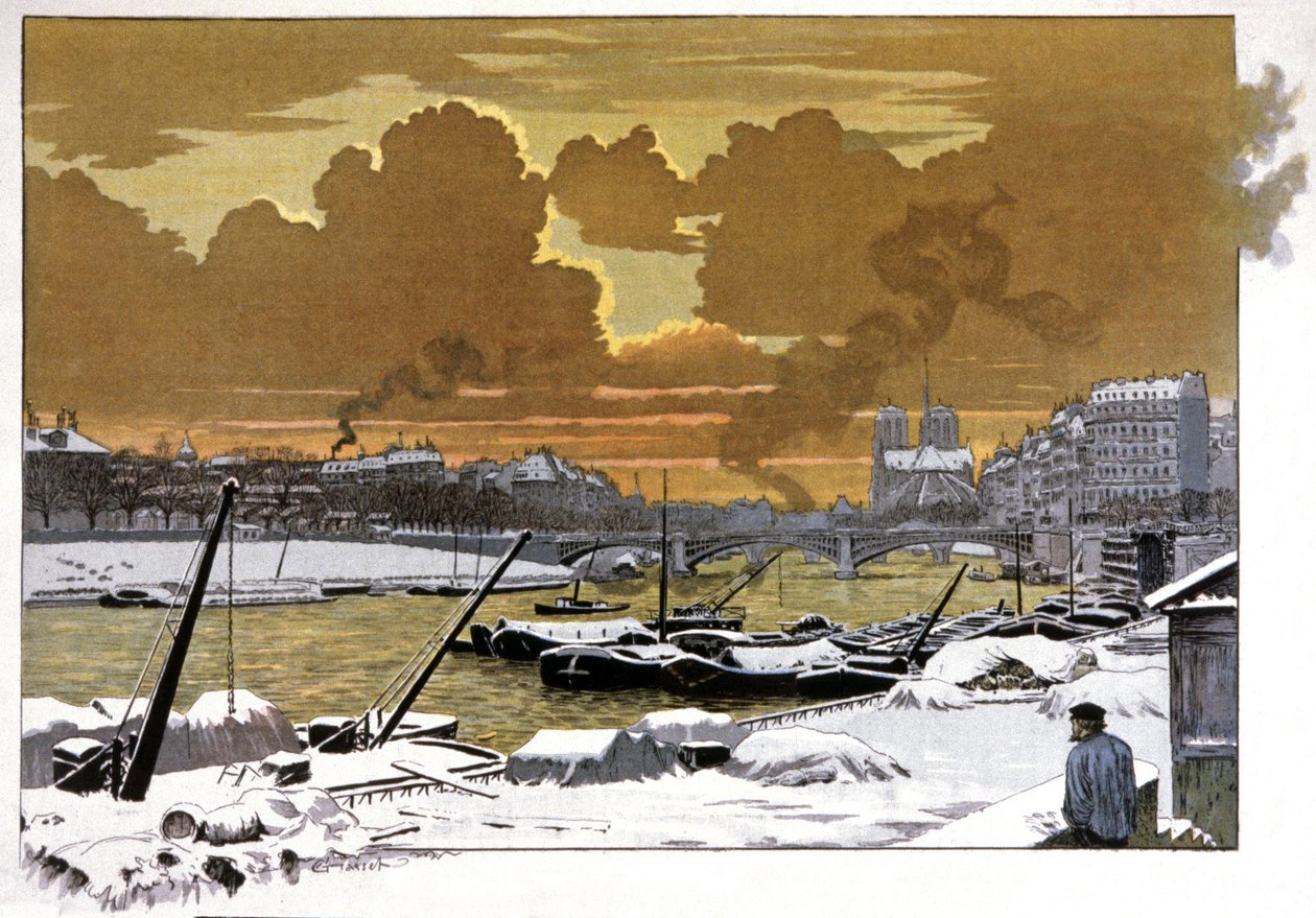Paříž, čluny pod sněhem u Pont de Sully, kolem roku 1905 od Eugene Grasset