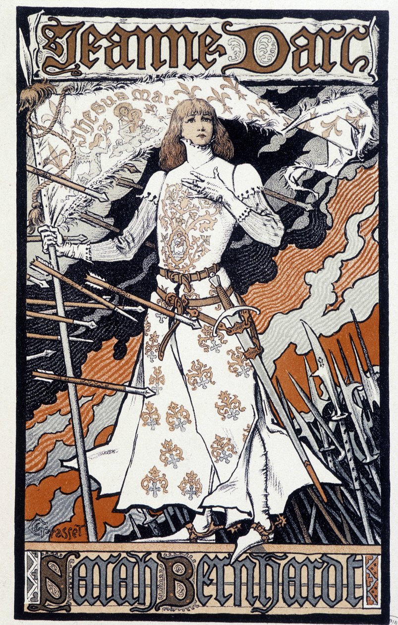 Plakát „“ Johanka z Arku““ (Henriette Rosine Bernard dit Sarah Bernhardt (1844-1923) hraje v Johance z Arku). Sd. asi 1890 od Eugene Grasset