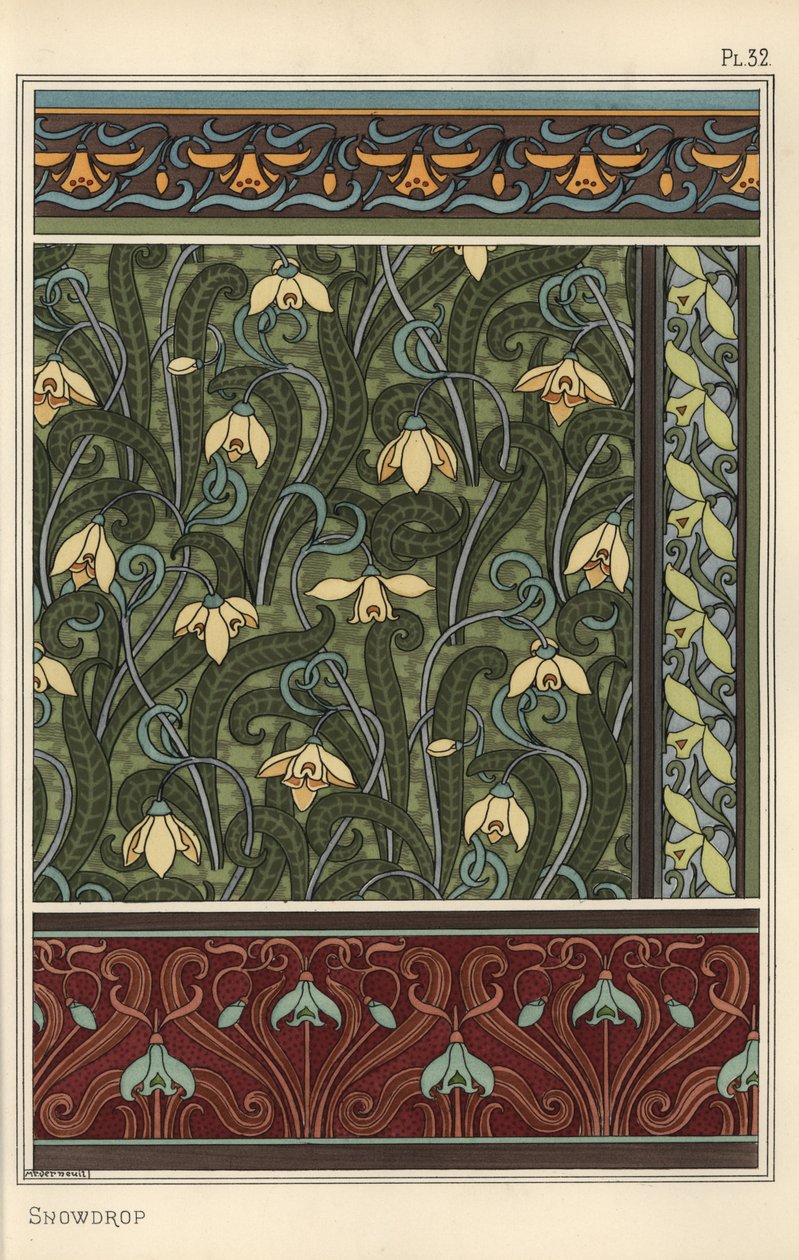 Sněženka, Galanthus nivalis, jako motiv v tapetách, bordurách a látkách od Eugene Grasset