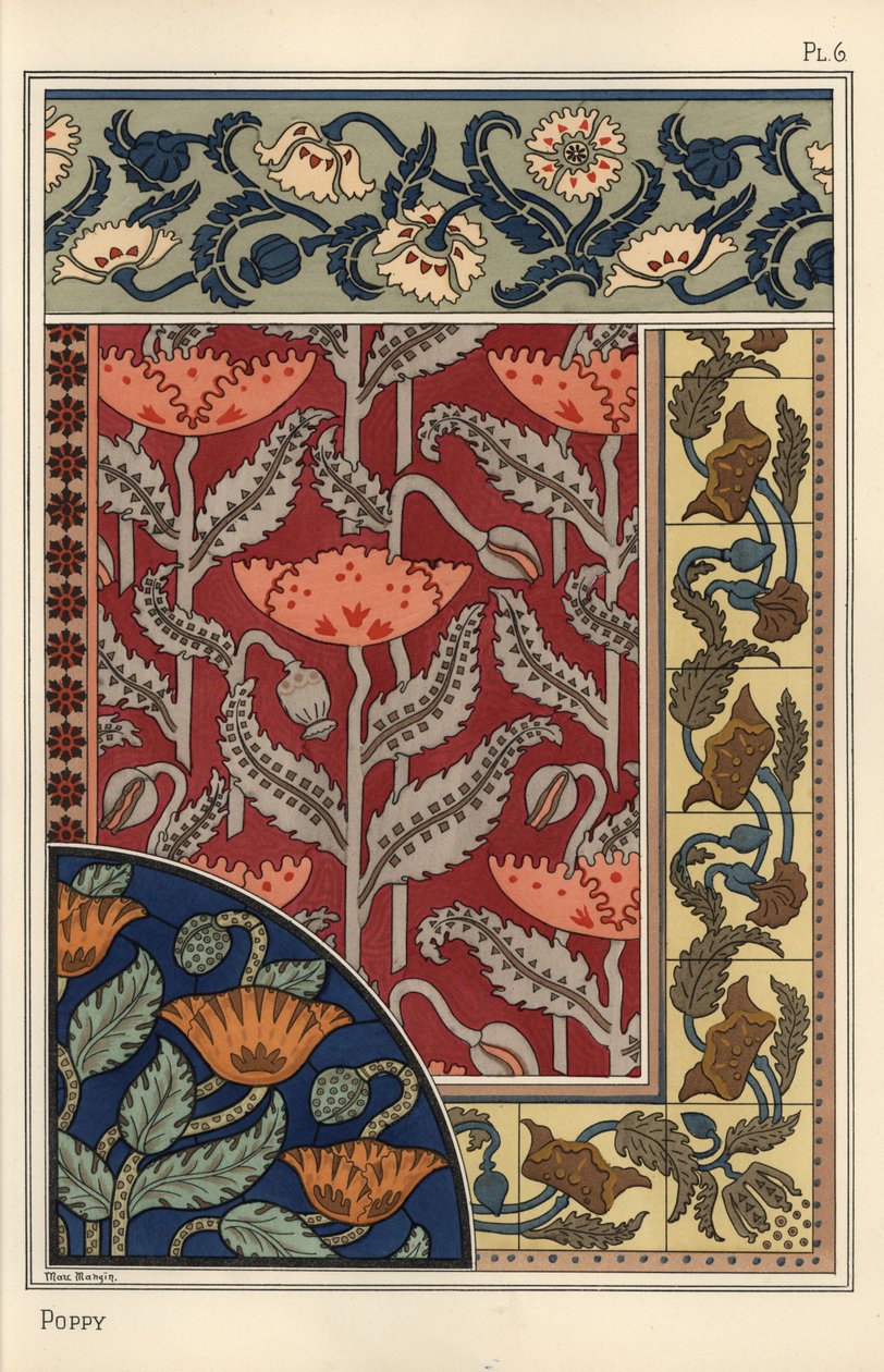 Mák, Papaver somniferum, ve vitrážích, tapetách, tkaninách a vzorech dlaždic. Litografie Marc Mangin od Eugene Grasset