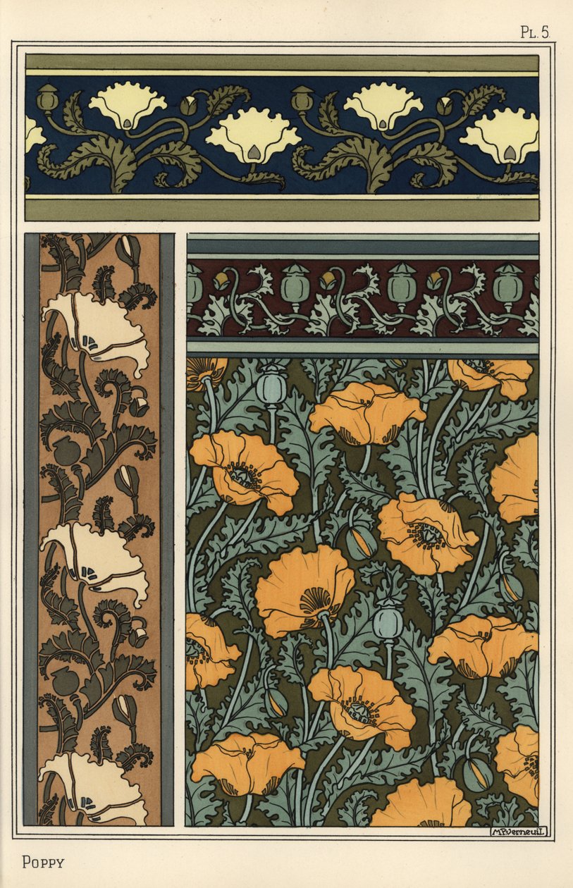 Mák, Papaver somniferum, v tapetách a vzorech látek. Litografie od Verneuila od Eugene Grasset