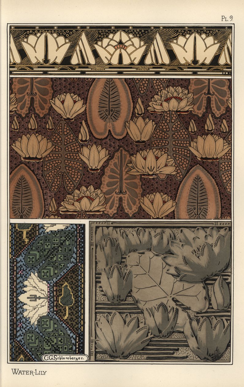 Leknín, Nelumbo lutea, v látce, tapisérie s křížkovým stehem a reliéfní vzory forem. Litografie C. G. Schlumbergera od Eugene Grasset